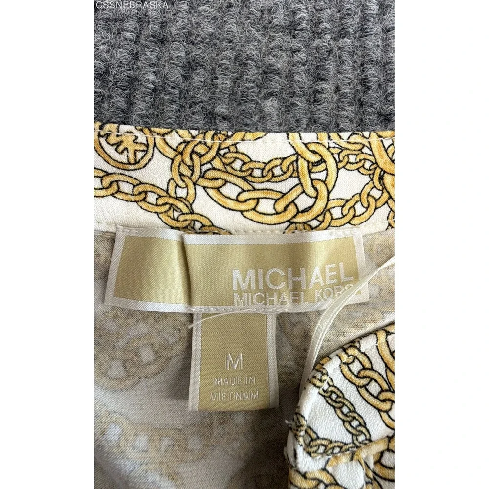 Michael Kors Yellow Women's Blouse Gold Chain Link Print Zip Front Top - Medium